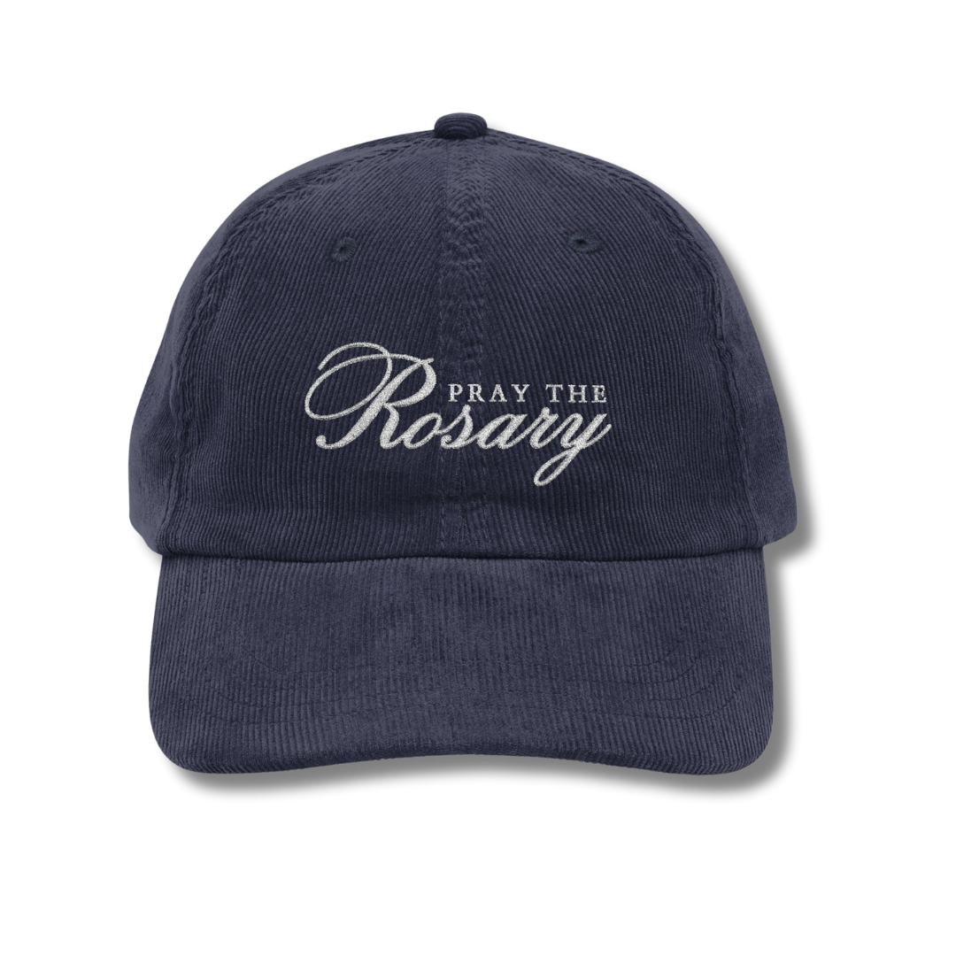 Pray the Rosary Embroidered Corduroy Baseball Hat - Navy