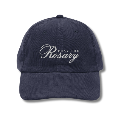 Pray the Rosary Embroidered Corduroy Baseball Hat - Navy