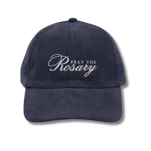 Pray the Rosary Embroidered Corduroy Baseball Hat - Navy
