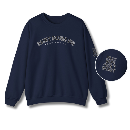 Saint Padre Pio Pray For Us Crewneck - Navy